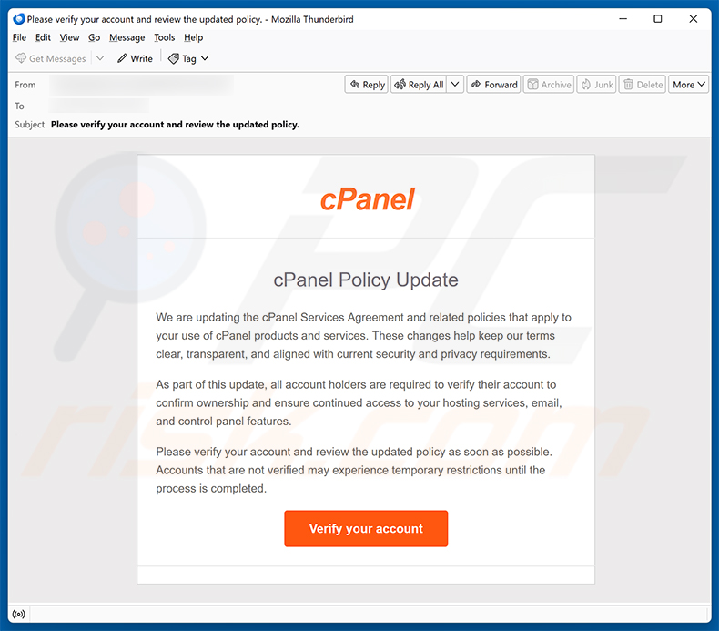 Campanha de spam por e-mail cPanel Policy Update golpe de e-mail