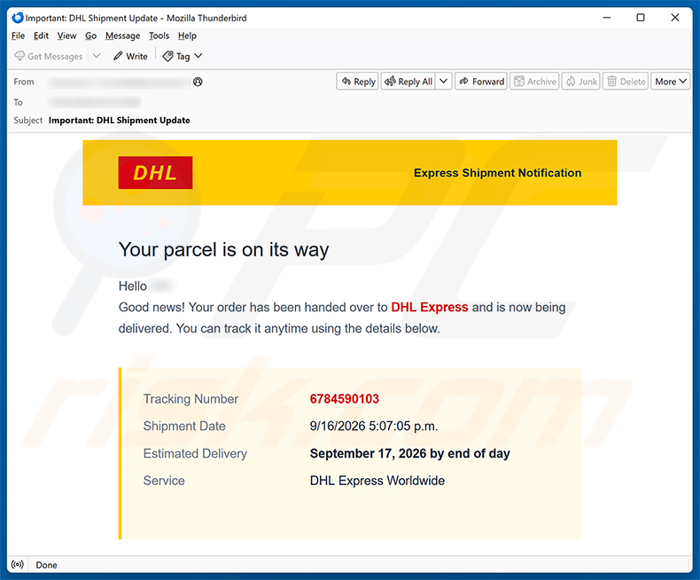 Campanha de spam por e-mail DHL Express Parcel Is On Its Way golpe de e-mail