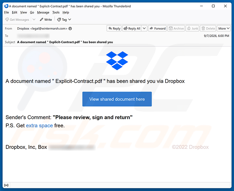 Campanha de spam por e-mail do golpe Document Has Been Shared You Via Dropbox