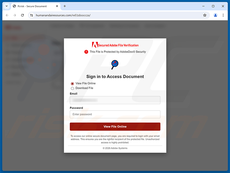 Página de phishing do golpe de e-mail Document Has Been Shared You Via Dropbox
