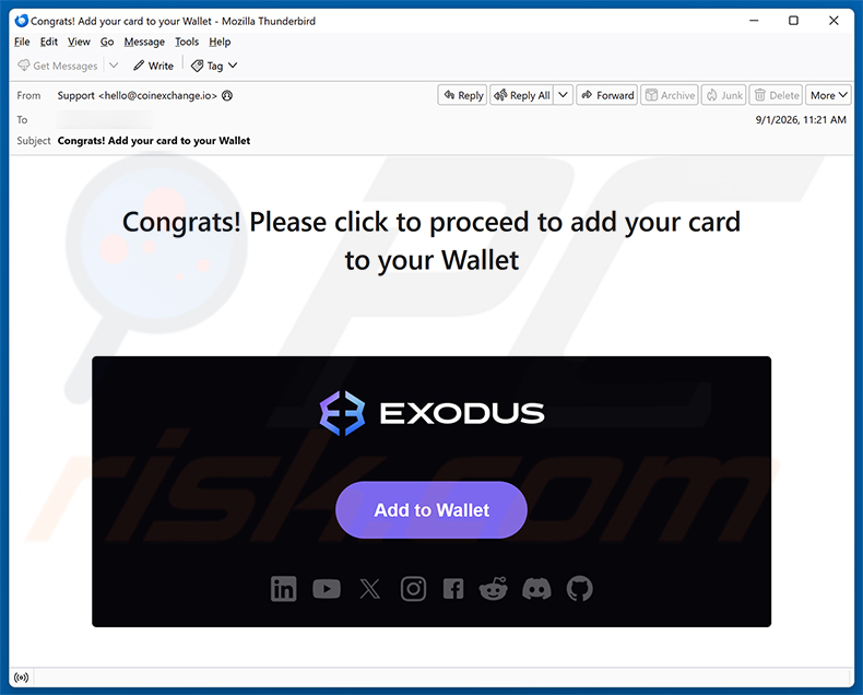 Campanha de spam por e-mail Exodus - Add Your Card To Your Wallet golpe de e-mail