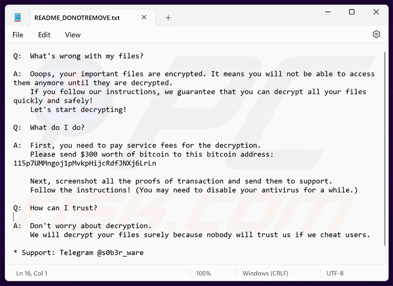 Nota de resgate do ransomware Face Melter (README_DONOTREMOVE.txt)