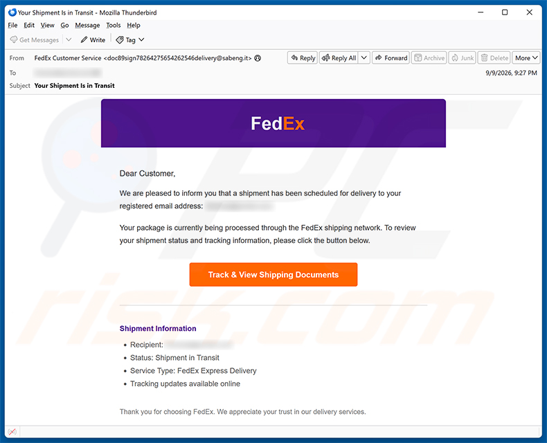 Campanha de spam por e-mail FedEx Shipment Scheduled For Delivery golpe de e-mail