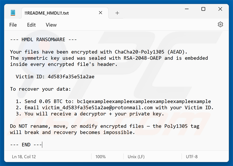 Nota de resgate do ransomware HMDL (!!README_HMDL!!.txt)