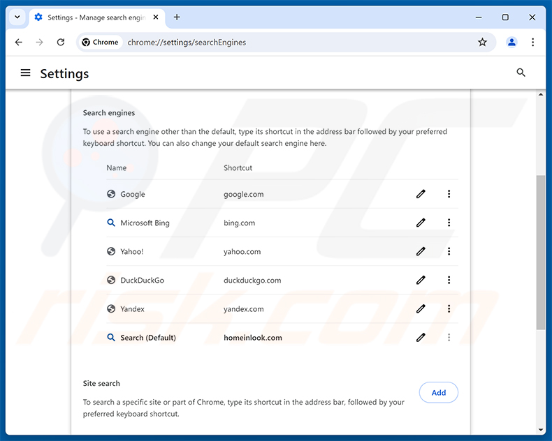 Remover homeinlook.com do motor de busca predefinido do Google Chrome