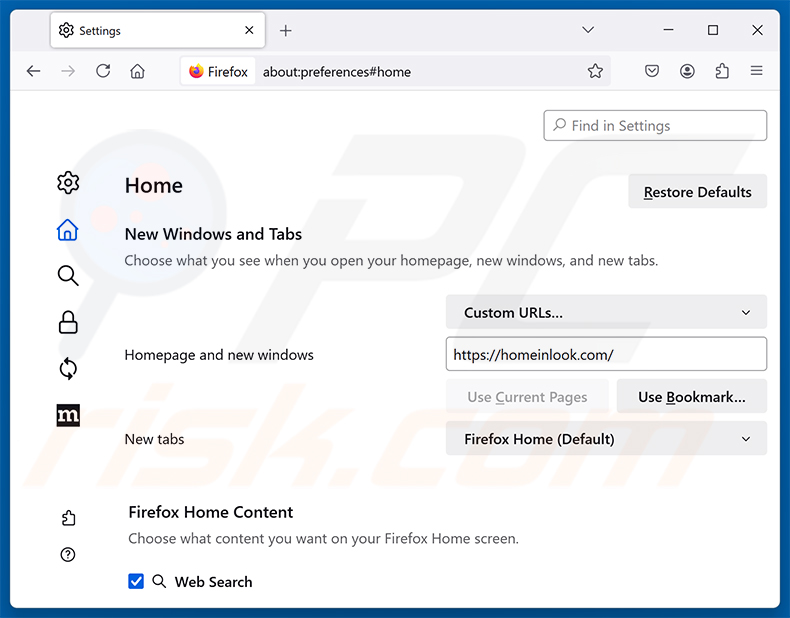 Remover homeinlook.com da página inicial do Mozilla Firefox