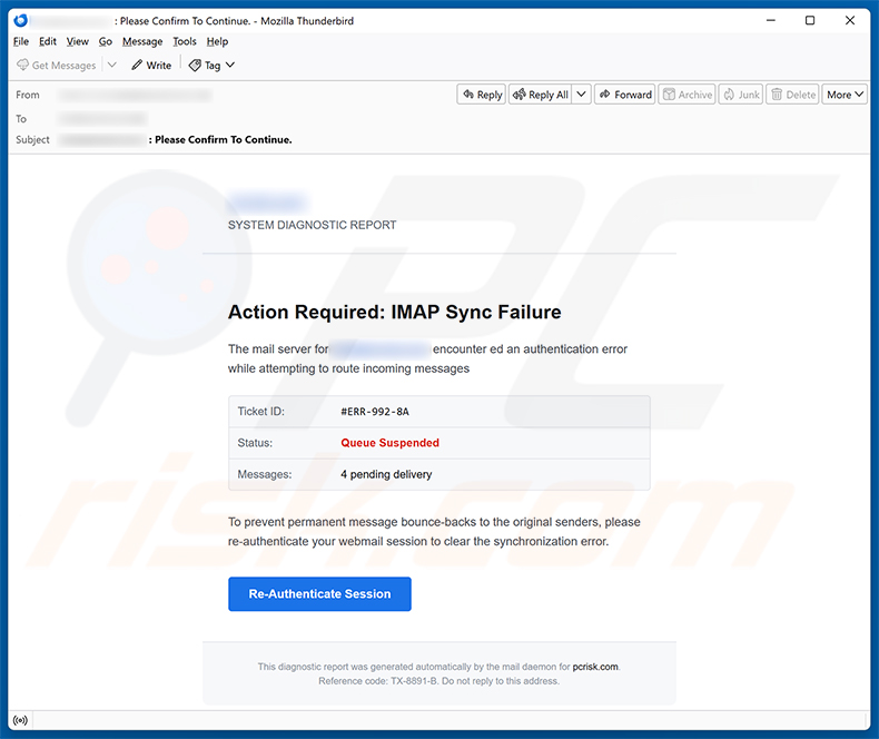 Golpe de e-mail IMAP Sync Failure