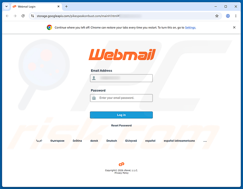 Página de phishing do golpe de e-mail IMAP Sync Failure