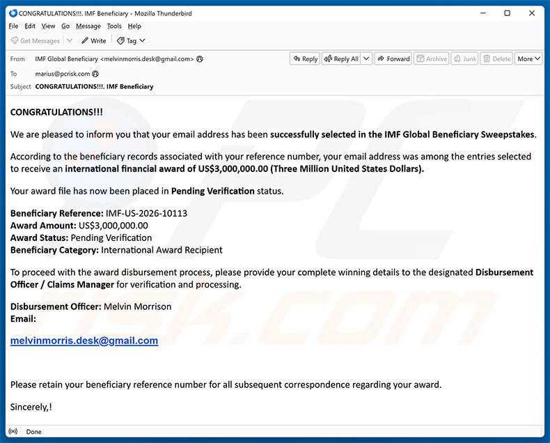 Campanha de spam por e-mail IMF Global Beneficiary Sweepstakes