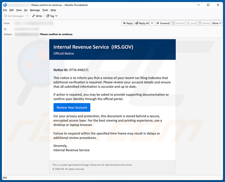 Vírus de e-mail IRS Account Detail Verification