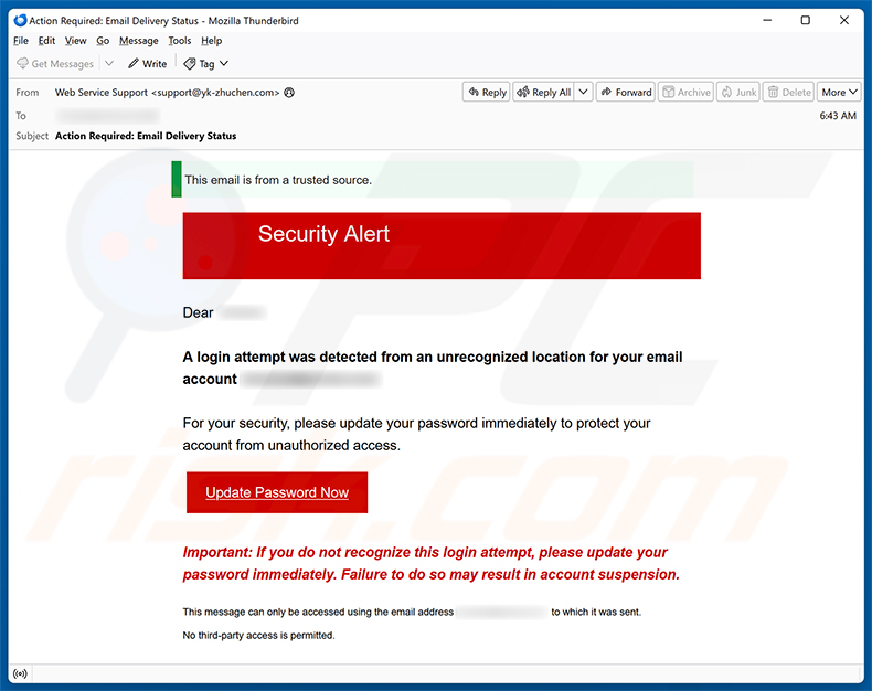 Campanha de spam por e-mail Login Attempt From An Unrecognized Location