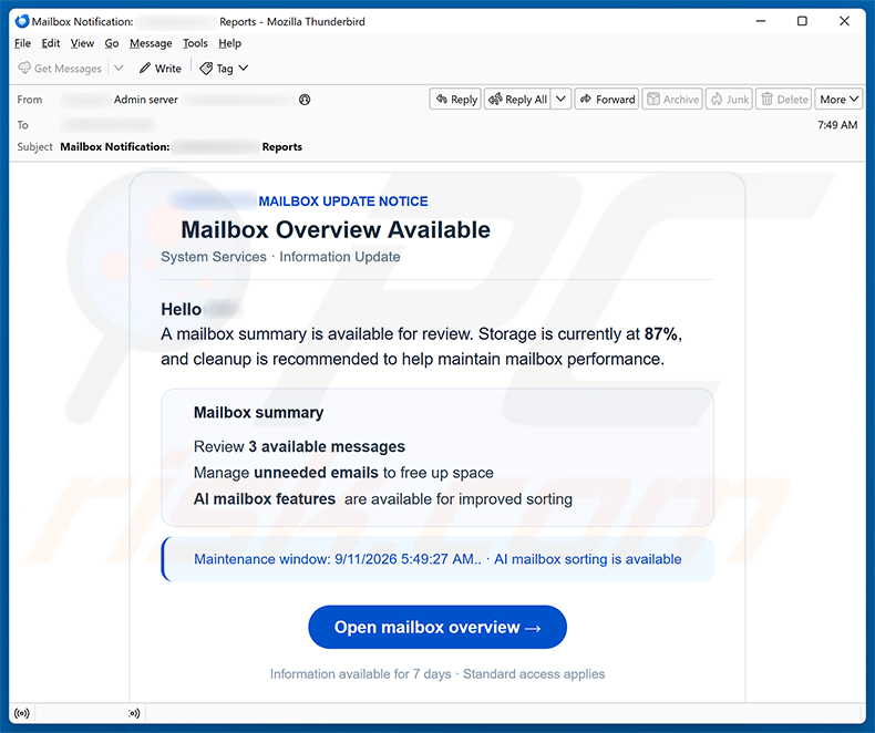 Campanha de spam por e-mail Mailbox Overview Available golpe de e-mail