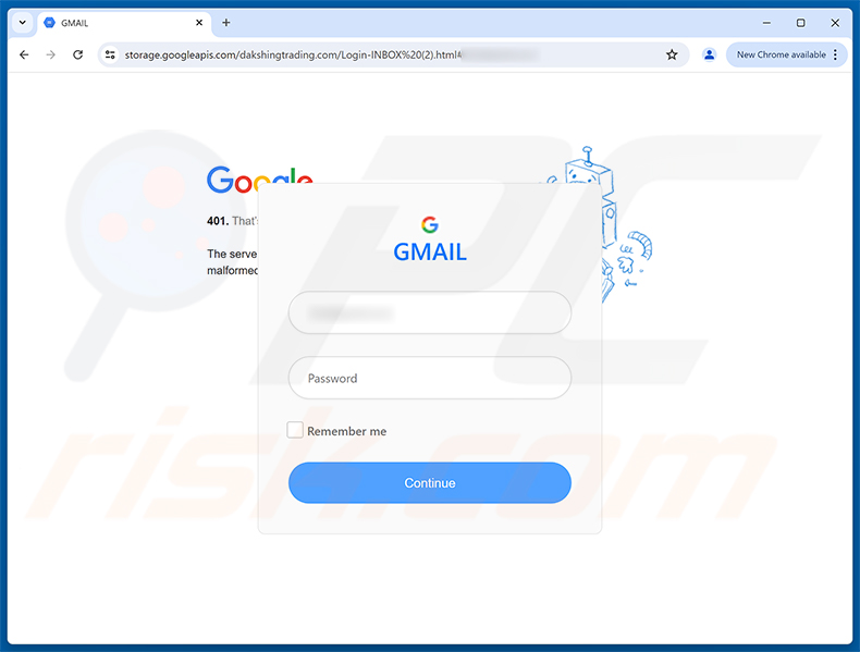 Página de phishing do Mailbox Overview Available golpe de e-mail