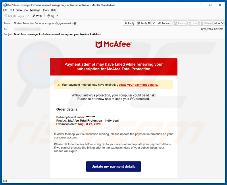 Campanha de spam por e-mail McAfee - Payment Method Expired golpe de e-mail