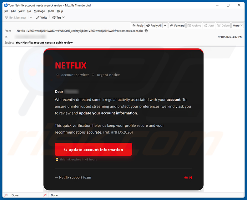 Netflix - Irregular Account Activity golpe de e-mail