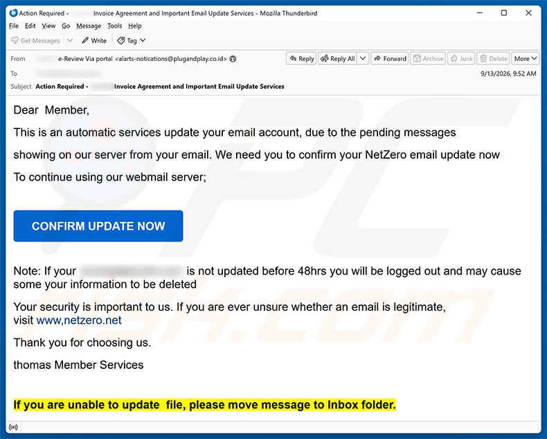Campanha de spam por e-mail NetZero Email Update Scam