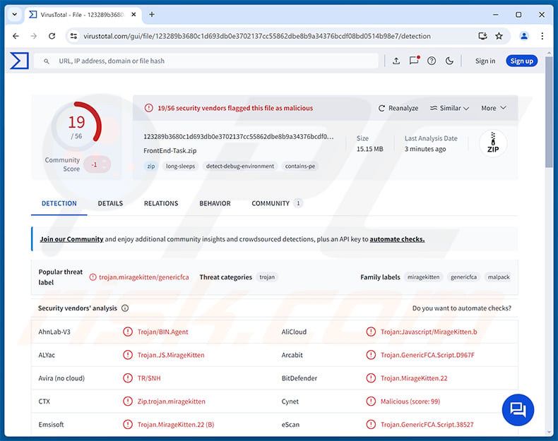 Deteções de malware NodeRabbit RAT no VirusTotal