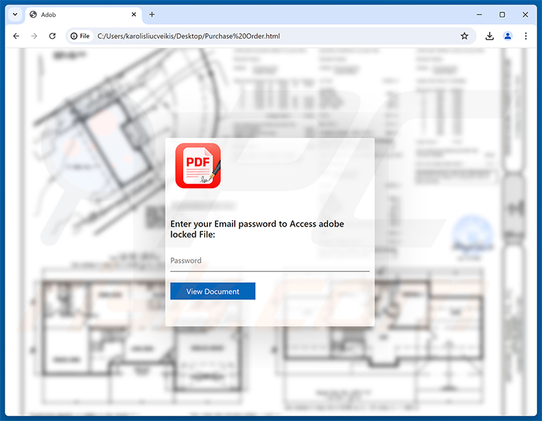 Página de phishing do golpe de e-mail Official Purchase Order