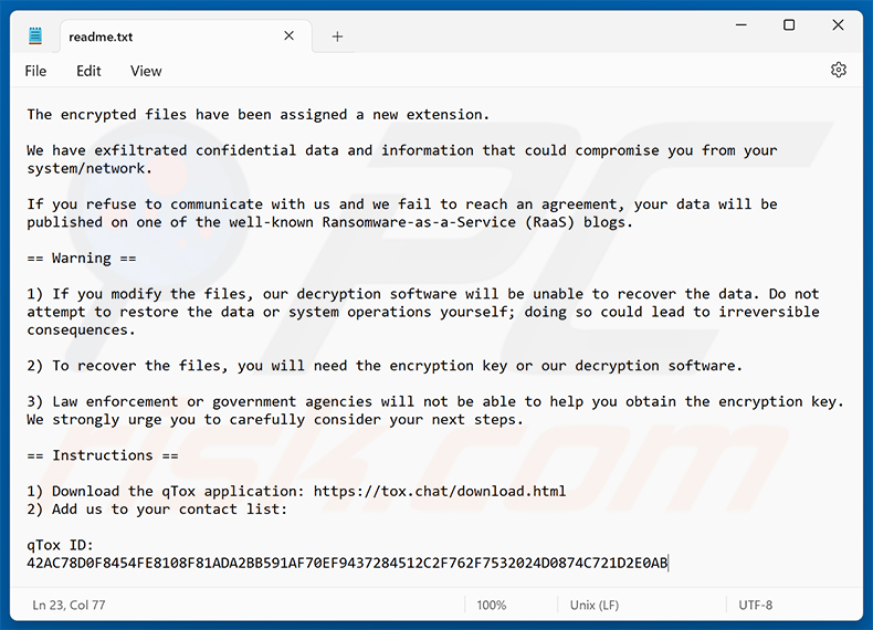 Nota de resgate do qTox Ransomware (readme.txt)