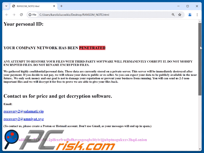 Nota de resgate do ransomware Regulus (RANSOM_NOTE.html)