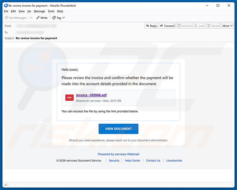 Campanha de spam por e-mail Review The Invoice And Confirm The Payment
