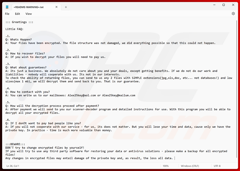 Nota de resgate do RIED Ransomware (+README-WARNING+.txt)