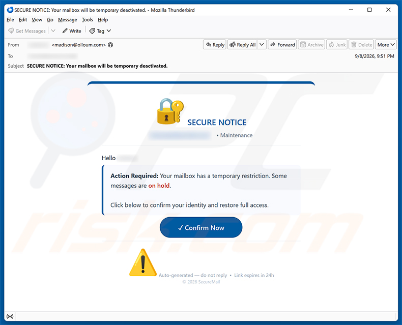 Campanha de spam por e-mail Secure Notice - Mailbox Has A temporary Restriction golpe de e-mail