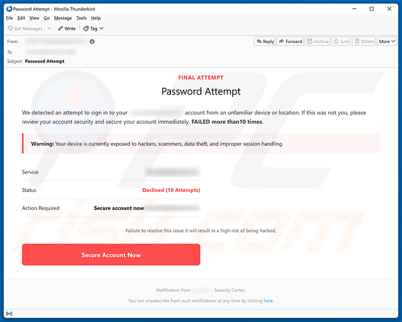Campanha de spam por e-mail Secure Your Account golpe de e-mail