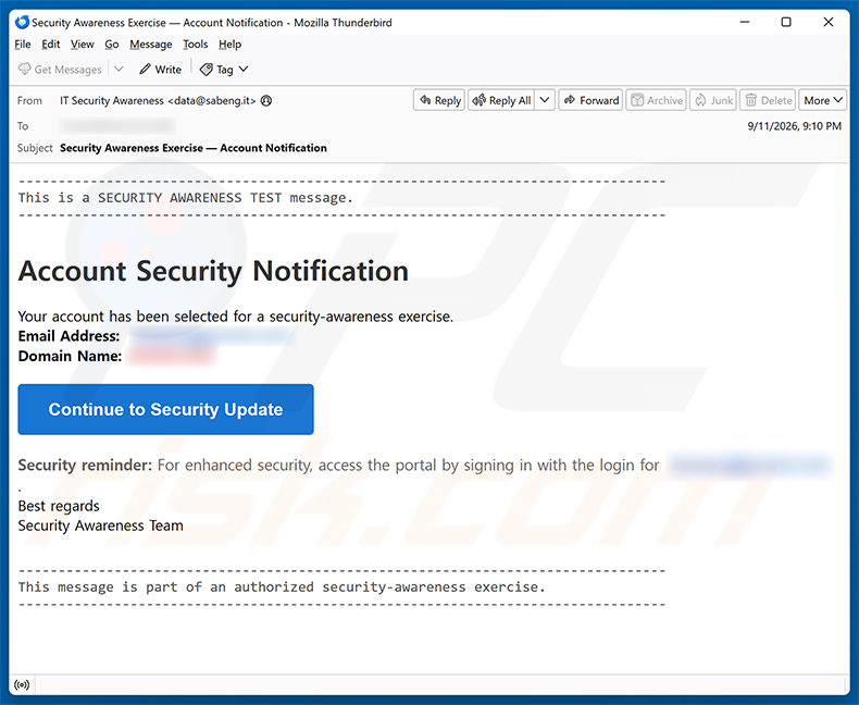 Campanha de spam por e-mail Security Awareness Exercise golpe de e-mail