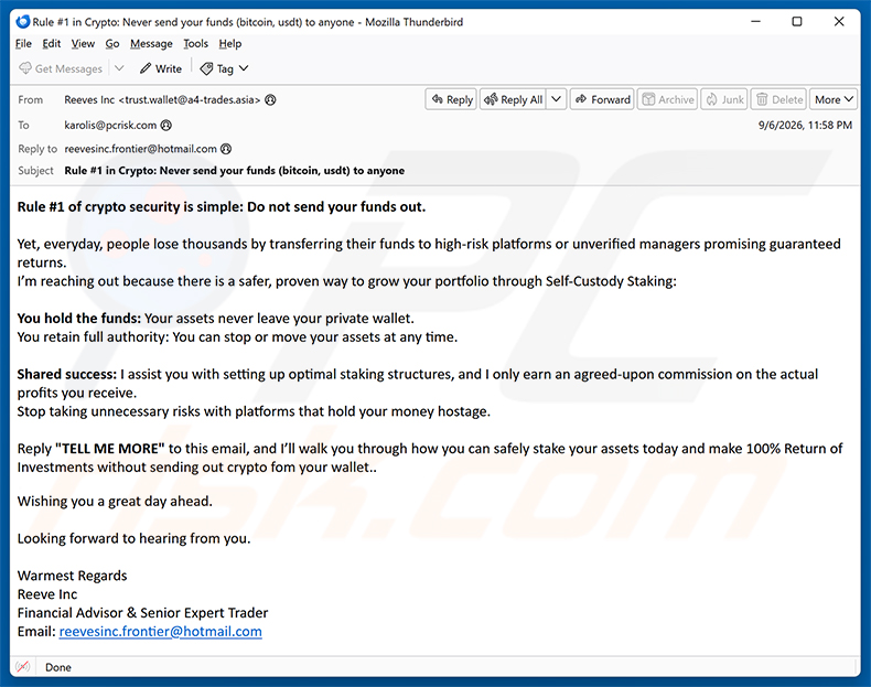 Campanha de spam por e-mail Self-Custody Crypto Staking