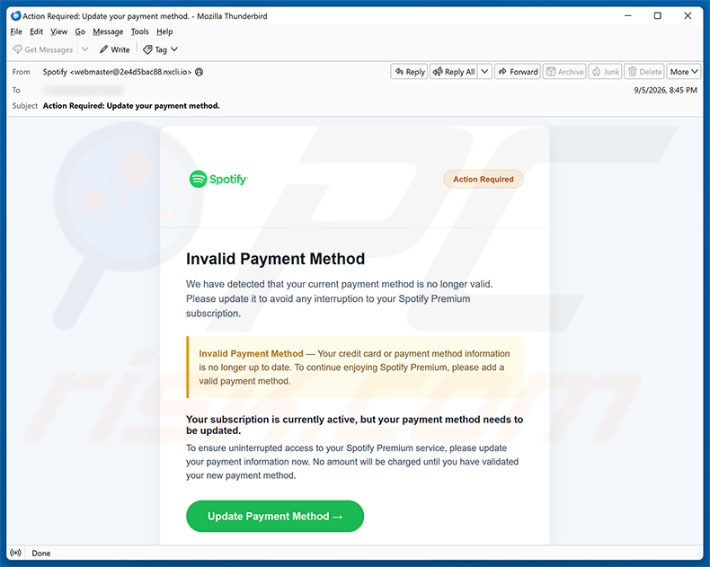 Campanha de spam por e-mail Spotify - Invalid Payment Method golpe de e-mail