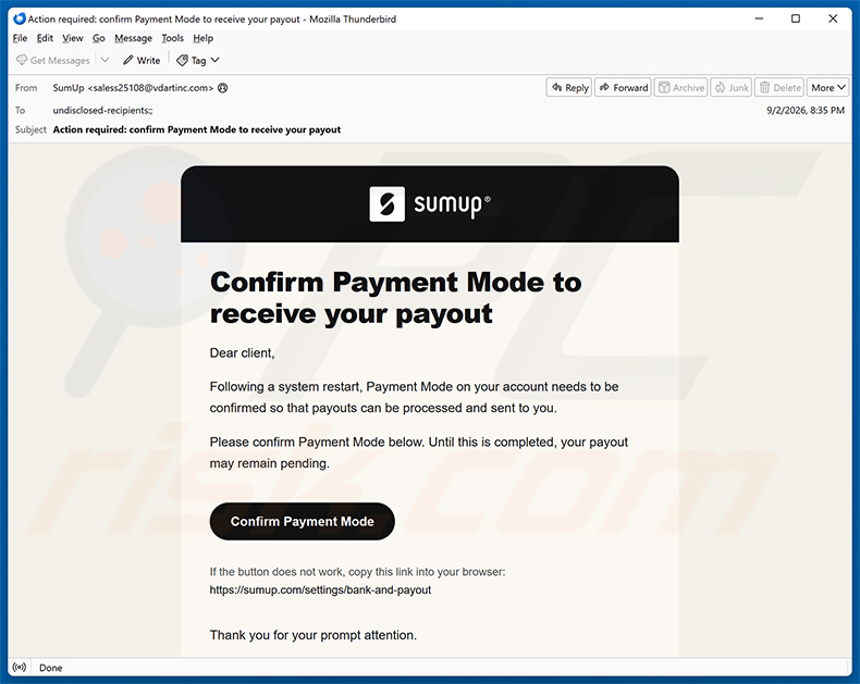 Campanha de spam do golpe de e-mail SumUp Payment Mode Confirmation