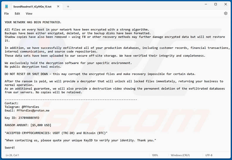 Nota de resgate do ransomware Sword (SwordReadme!!![random_string].txt)