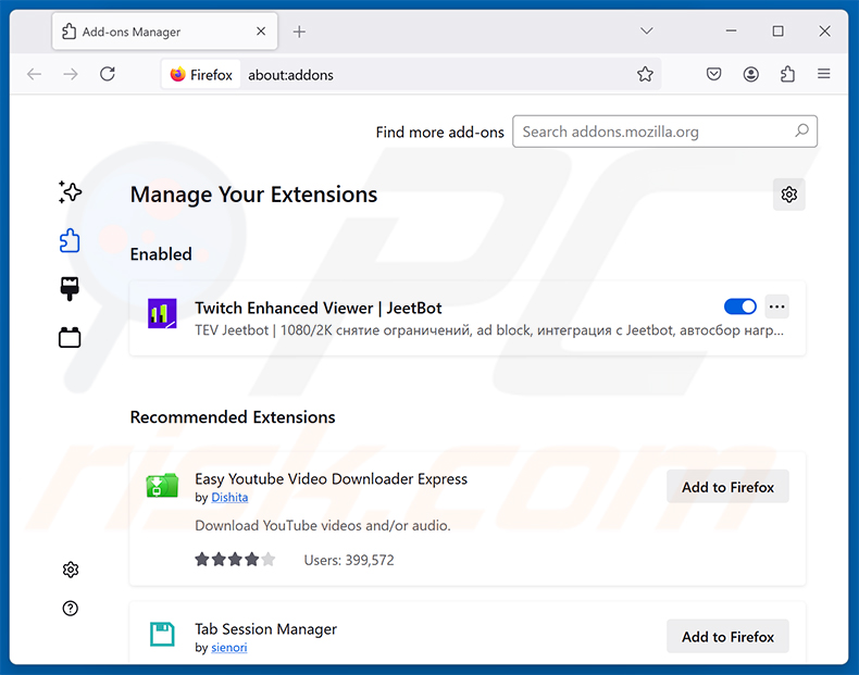 Remover a Twitch Enhanced Viewer | JeetBot Extensão maliciosa do Mozilla Firefox passo 2