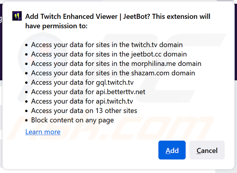 Twitch Enhanced Viewer | JeetBot Extensão maliciosa a solicitar permissões no Firefox