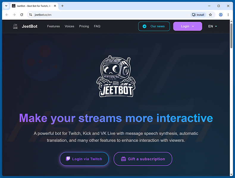 Website a promover a Twitch Enhanced Viewer | JeetBot Extensão maliciosa