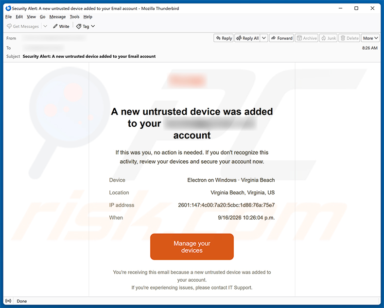 Campanha de spam por e-mail Untrusted Device Was Added To Your Account