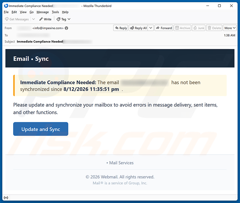 Campanha de spam do golpe de e-mail Update And Synchronize Your Mailbox