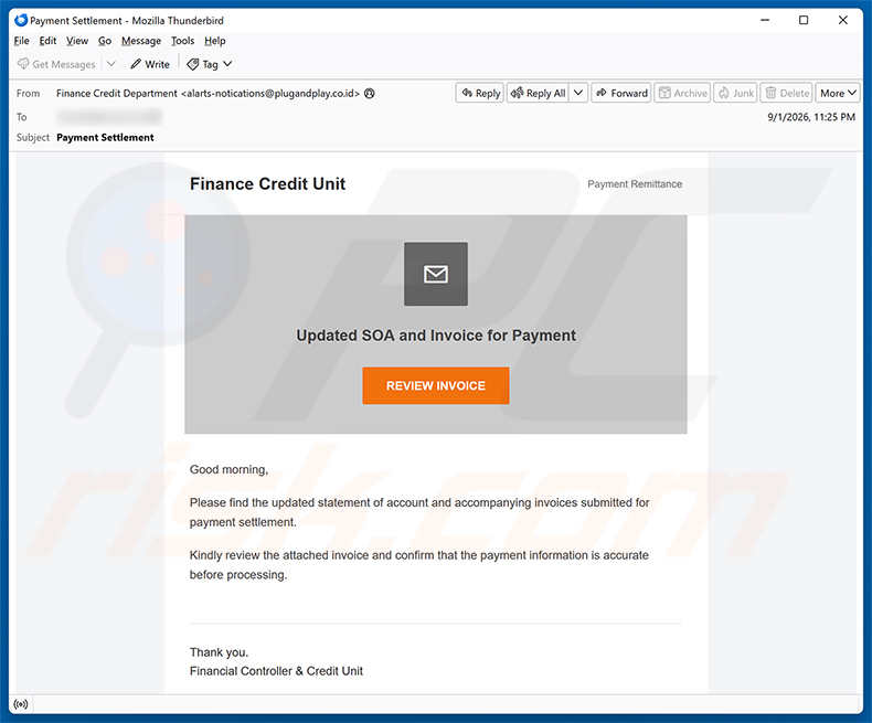 Campanha de spam por e-mail Updated SOA And Invoice For Payment