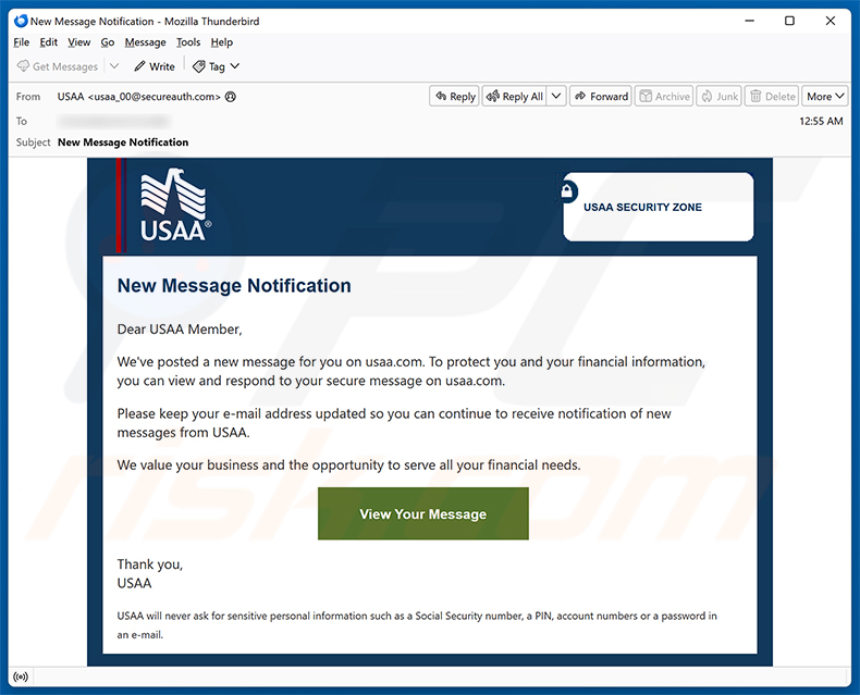 Campanha de spam de e-mail USAA - New Message Notification