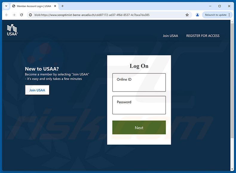 Página de phishing USAA - New Message Notification