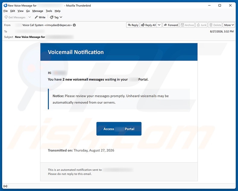 Campanha de spam por e-mail Voicemail Notification golpe de e-mail