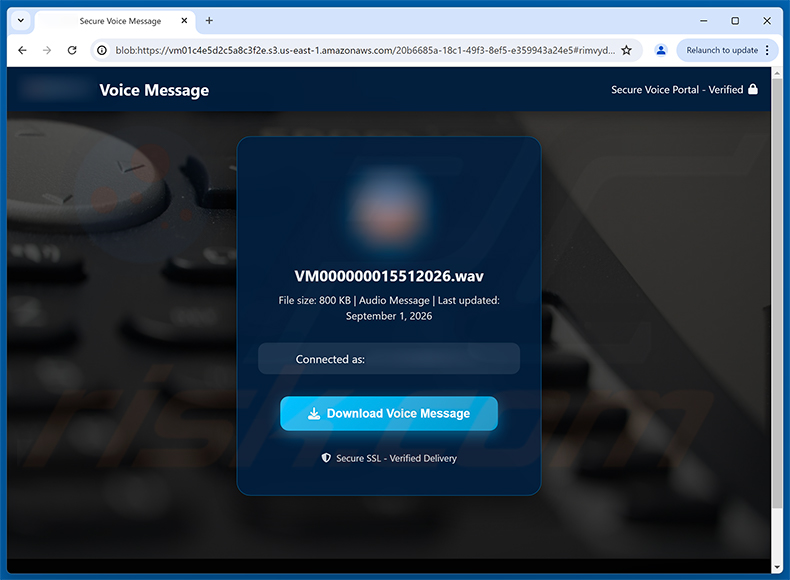Página de phishing do Voicemail Notification golpe de e-mail