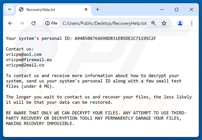 Nota de resgate do ransomware Vricpe (RecoveryHelp.txt)