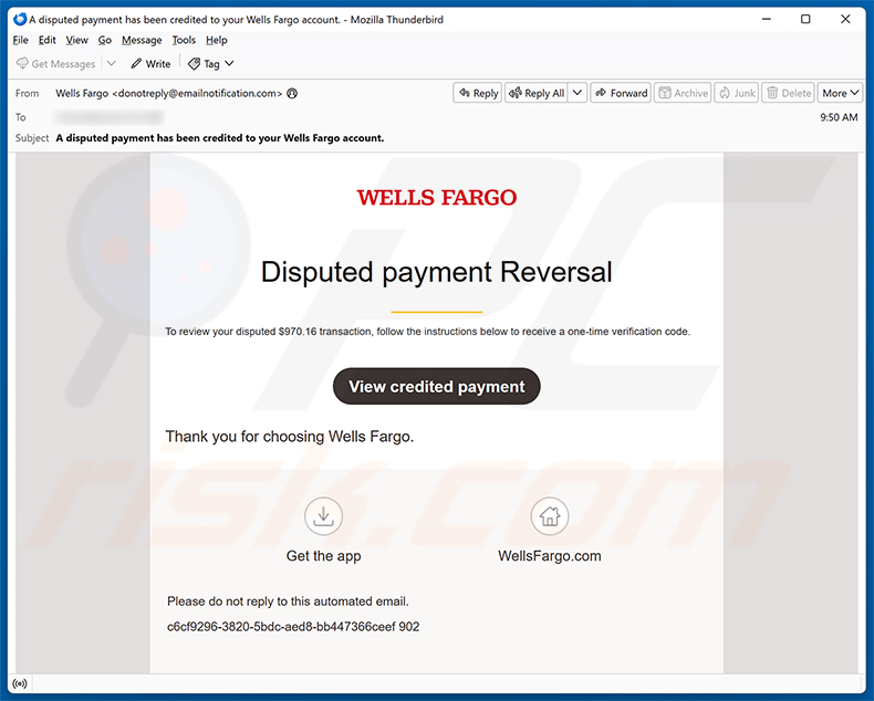 Campanha de spam por e-mail Wells Fargo - Disputed Payment Reversal