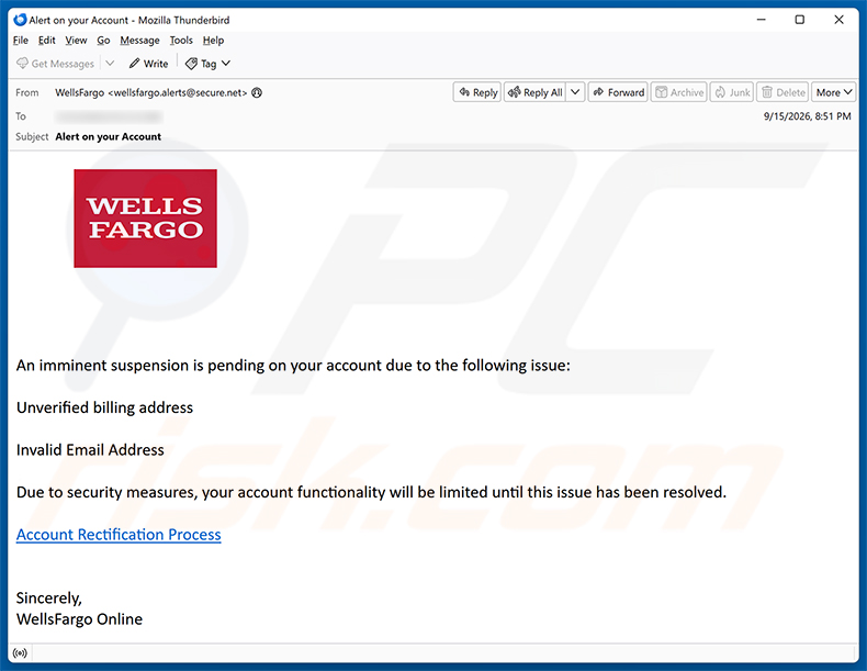 Wells Fargo - Pending Account Suspension golpe de e-mail