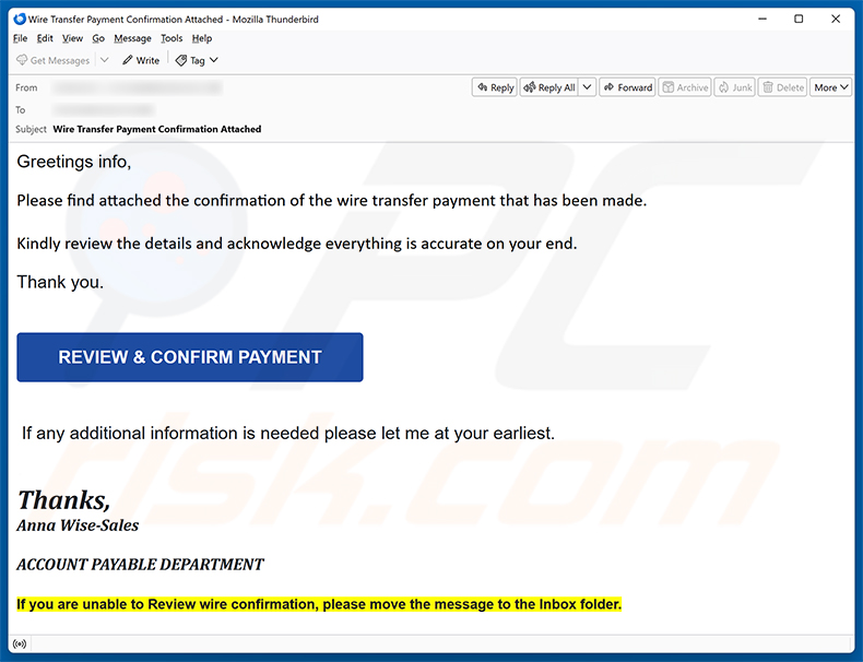 Campanha de spam por e-mail do golpe Wire Transfer Payment Confirmation