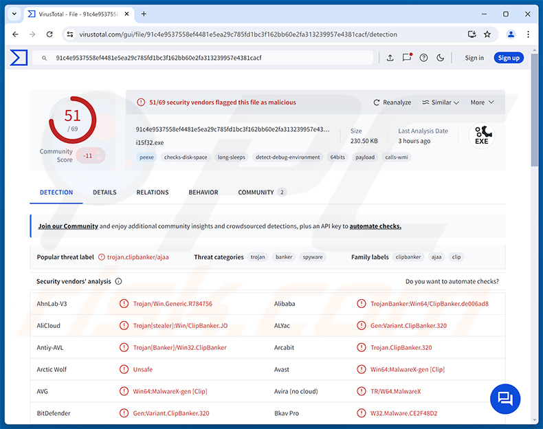 Deteções de malware ZigCryptoStealer no VirusTotal