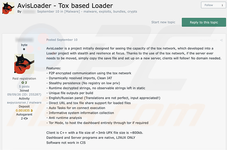 AvisLoader anunciado num fórum de cibercrime (fonte varonis-com)